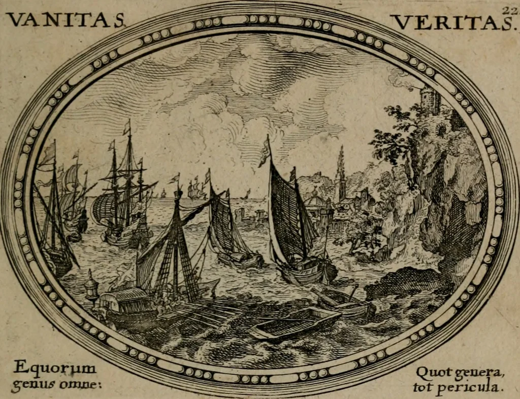 An illustration from Mundi lapis lydius, siue, Emblemata moralia nobilissimi viri D. Antonii A. Burgundia quondam Archidiaconi Brugensis : in quibus vanitas per veritatem falsi accusatur & conuincitur, 1665, leaf 52