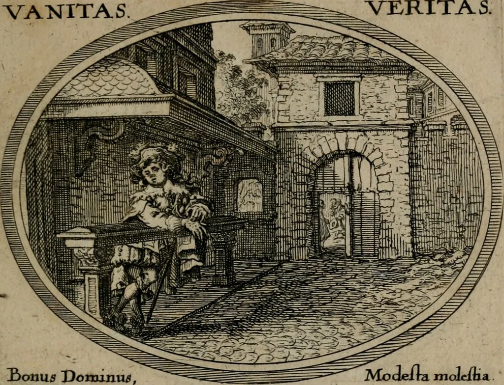 An illustration from Mundi lapis lydius, siue, Emblemata moralia nobilissimi viri D. Antonii A. Burgundia quondam Archidiaconi Brugensis : in quibus vanitas per veritatem falsi accusatur & conuincitur, 1665, leaf 58