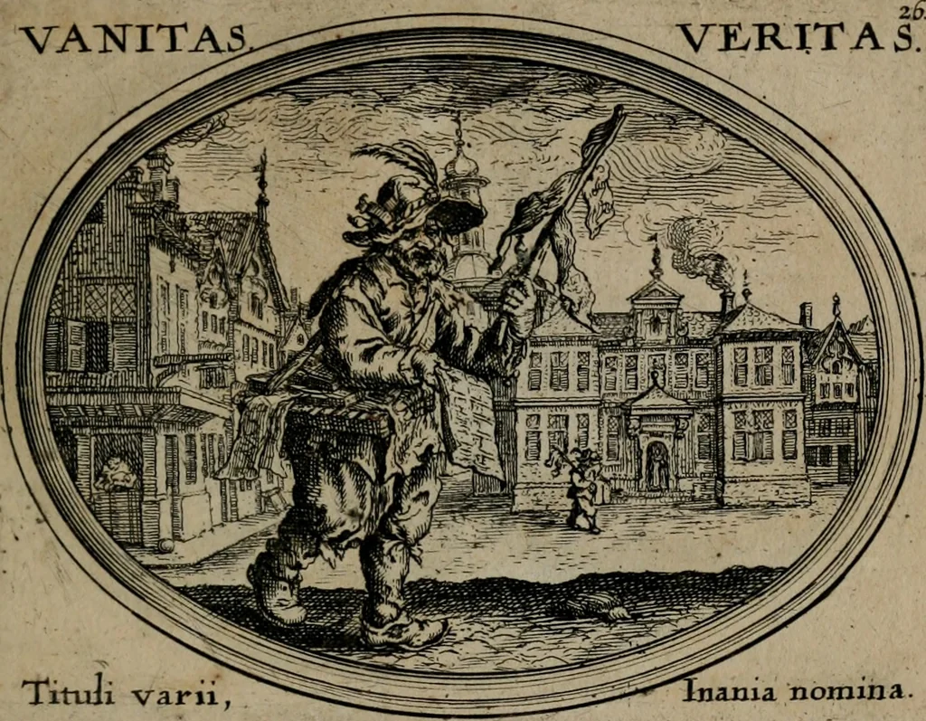 An illustration from Mundi lapis lydius, siue, Emblemata moralia nobilissimi viri D. Antonii A. Burgundia quondam Archidiaconi Brugensis : in quibus vanitas per veritatem falsi accusatur & conuincitur, 1665, leaf 60