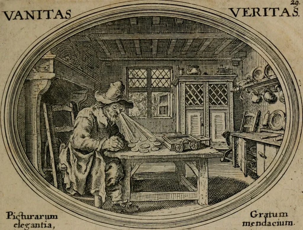 An illustration from Mundi lapis lydius, siue, Emblemata moralia nobilissimi viri D. Antonii A. Burgundia quondam Archidiaconi Brugensis : in quibus vanitas per veritatem falsi accusatur & conuincitur, 1665, leaf 66