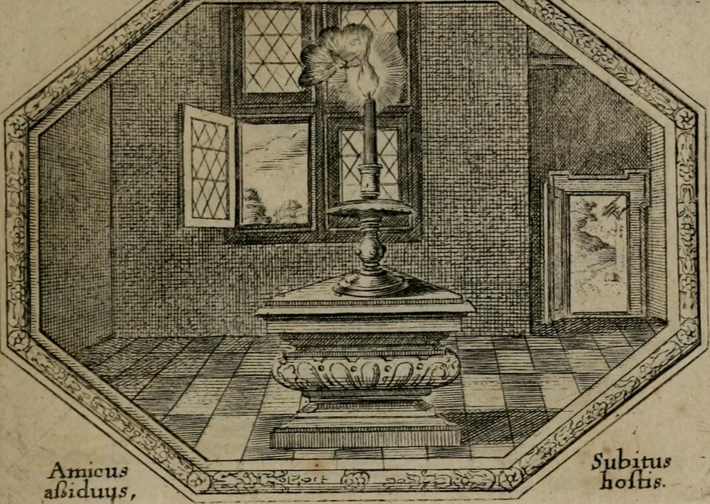 An illustration from Mundi lapis lydius, siue, Emblemata moralia nobilissimi viri D. Antonii A. Burgundia quondam Archidiaconi Brugensis : in quibus vanitas per veritatem falsi accusatur & conuincitur, 1665, leaf 70