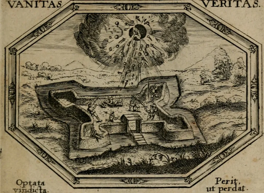 An illustration from Mundi lapis lydius, siue, Emblemata moralia nobilissimi viri D. Antonii A. Burgundia quondam Archidiaconi Brugensis : in quibus vanitas per veritatem falsi accusatur & conuincitur, 1665, leaf 72