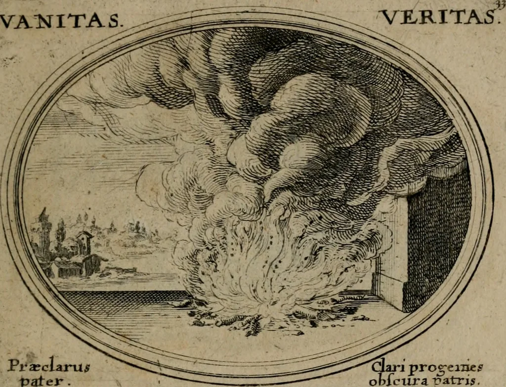 An illustration from Mundi lapis lydius, siue, Emblemata moralia nobilissimi viri D. Antonii A. Burgundia quondam Archidiaconi Brugensis : in quibus vanitas per veritatem falsi accusatur & conuincitur, 1665, leaf 74