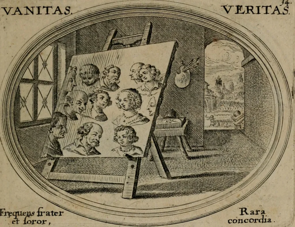 An illustration from Mundi lapis lydius, siue, Emblemata moralia nobilissimi viri D. Antonii A. Burgundia quondam Archidiaconi Brugensis : in quibus vanitas per veritatem falsi accusatur & conuincitur, 1665, leaf 76