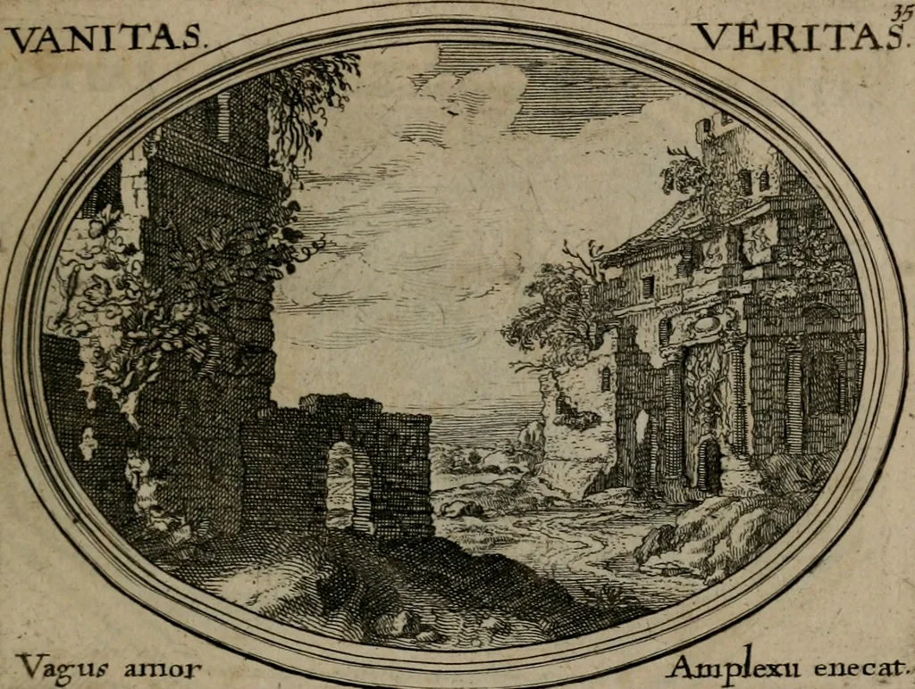 An illustration from Mundi lapis lydius, siue, Emblemata moralia nobilissimi viri D. Antonii A. Burgundia quondam Archidiaconi Brugensis : in quibus vanitas per veritatem falsi accusatur & conuincitur, 1665, leaf 78