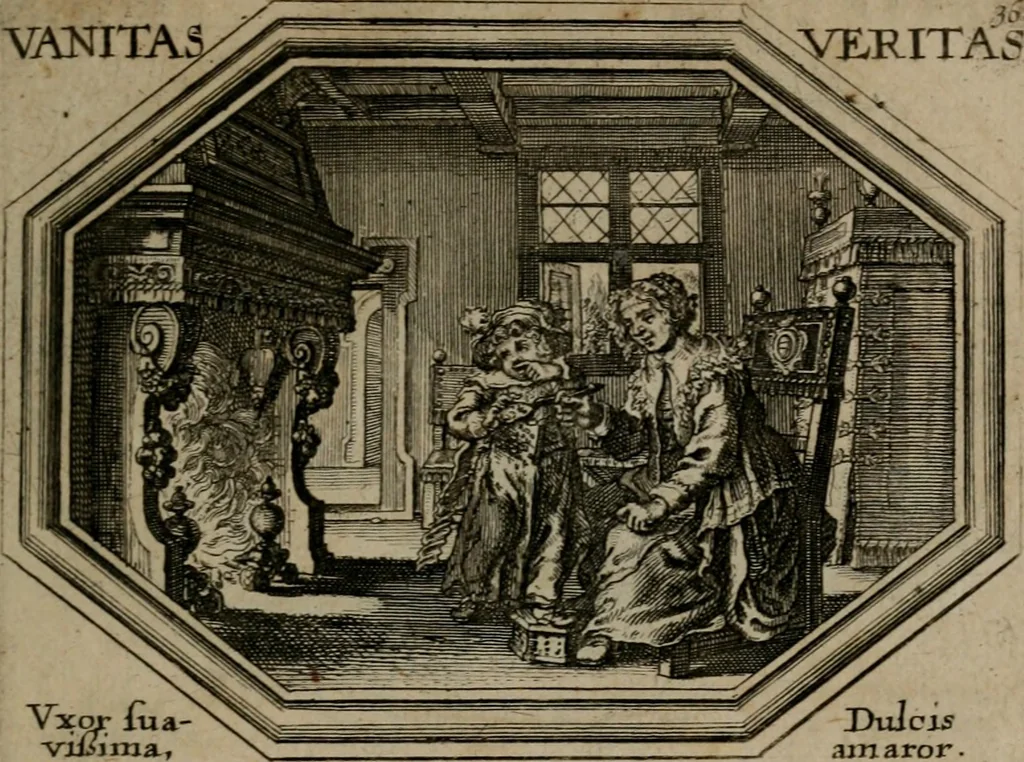 An illustration from Mundi lapis lydius, siue, Emblemata moralia nobilissimi viri D. Antonii A. Burgundia quondam Archidiaconi Brugensis : in quibus vanitas per veritatem falsi accusatur & conuincitur, 1665, leaf 80