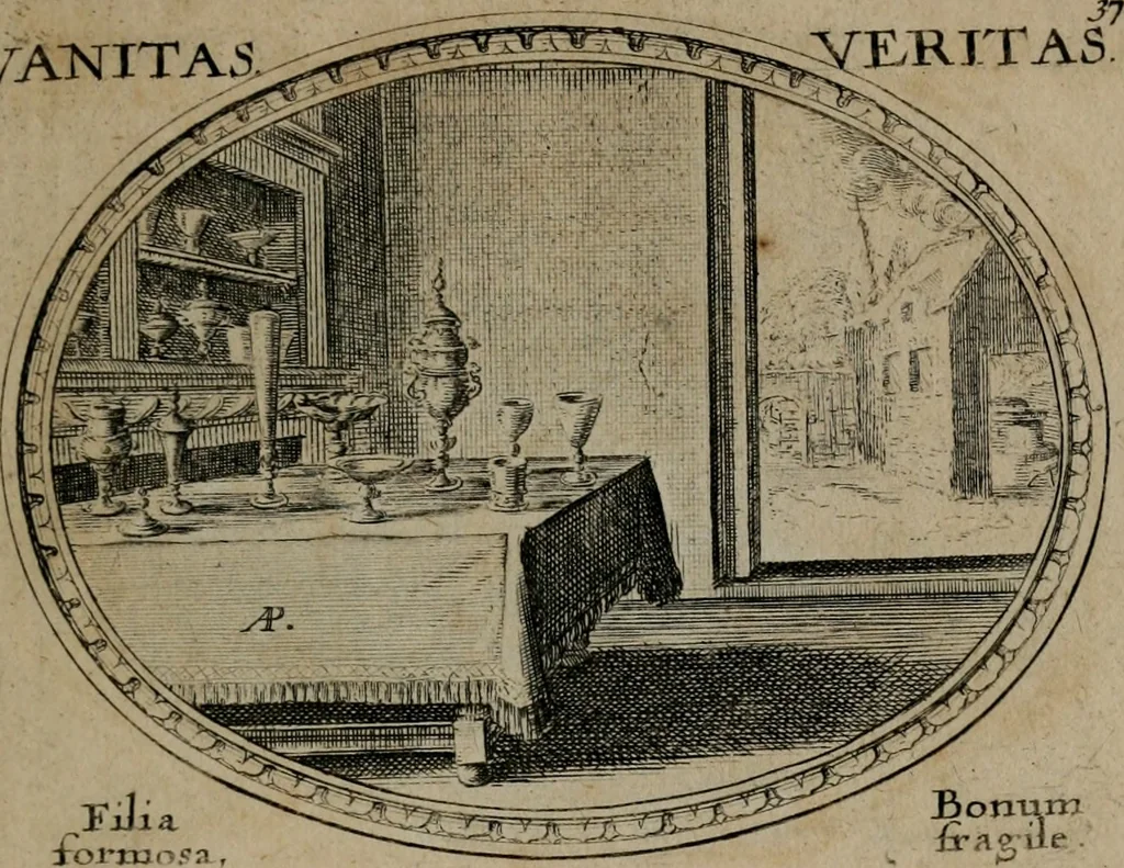 An illustration from Mundi lapis lydius, siue, Emblemata moralia nobilissimi viri D. Antonii A. Burgundia quondam Archidiaconi Brugensis : in quibus vanitas per veritatem falsi accusatur & conuincitur, 1665, leaf 82