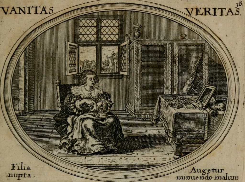 An illustration from Mundi lapis lydius, siue, Emblemata moralia nobilissimi viri D. Antonii A. Burgundia quondam Archidiaconi Brugensis : in quibus vanitas per veritatem falsi accusatur & conuincitur, 1665, leaf 84