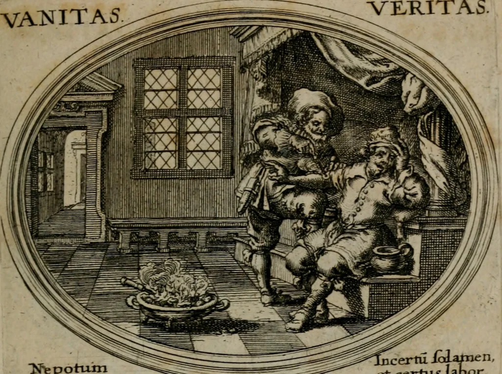 An illustration from Mundi lapis lydius, siue, Emblemata moralia nobilissimi viri D. Antonii A. Burgundia quondam Archidiaconi Brugensis : in quibus vanitas per veritatem falsi accusatur & conuincitur, 1665, leaf 86