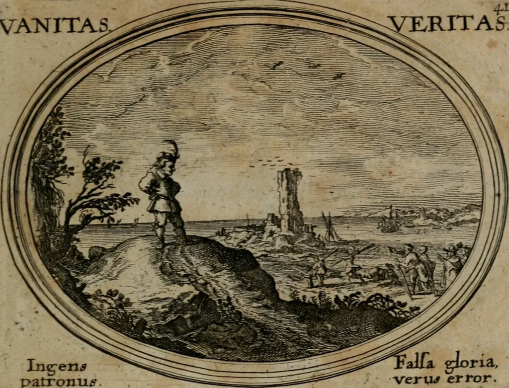 An illustration from Mundi lapis lydius, siue, Emblemata moralia nobilissimi viri D. Antonii A. Burgundia quondam Archidiaconi Brugensis : in quibus vanitas per veritatem falsi accusatur & conuincitur, 1665, leaf 90
