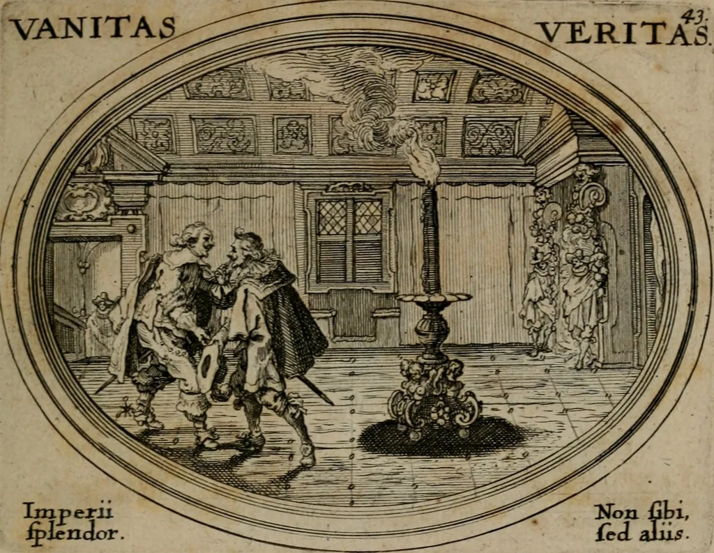 An illustration from Mundi lapis lydius, siue, Emblemata moralia nobilissimi viri D. Antonii A. Burgundia quondam Archidiaconi Brugensis : in quibus vanitas per veritatem falsi accusatur & conuincitur, 1665, leaf 94