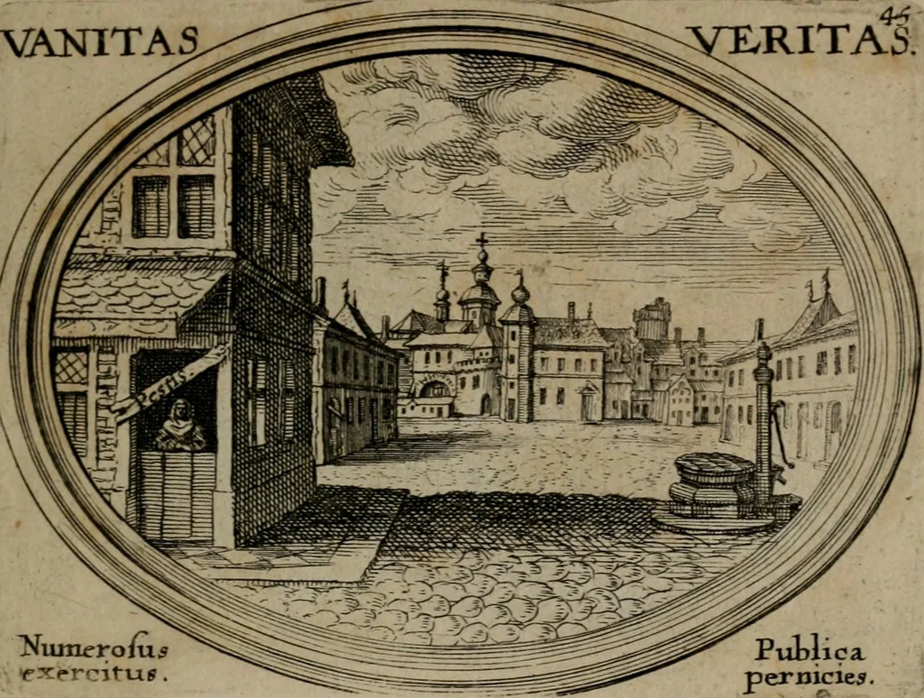An illustration from Mundi lapis lydius, siue, Emblemata moralia nobilissimi viri D. Antonii A. Burgundia quondam Archidiaconi Brugensis : in quibus vanitas per veritatem falsi accusatur & conuincitur, 1665, leaf 98