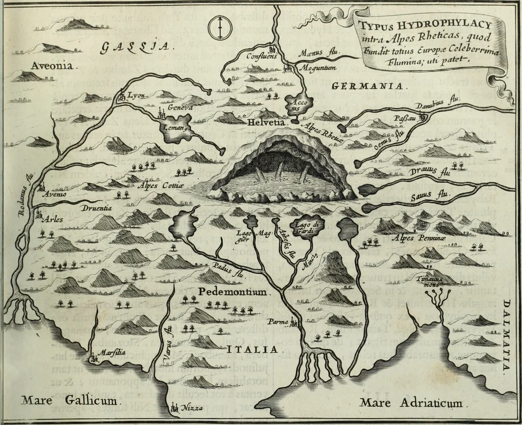 An illustration from Mundus Subterraneus, in XII libros digestus; quo divinum subterrestris mundi opificium, mira ergasteriorum naturæ in eo distributio, verbo pantámorphou Protei regnum, universæ denique naturæ majestas, 1665, leaf 116