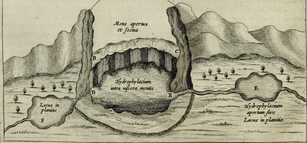 An illustration from Mundus Subterraneus, in XII libros digestus; quo divinum subterrestris mundi opificium, mira ergasteriorum naturæ in eo distributio, verbo pantámorphou Protei regnum, universæ denique naturæ majestas, 1665, leaf 137