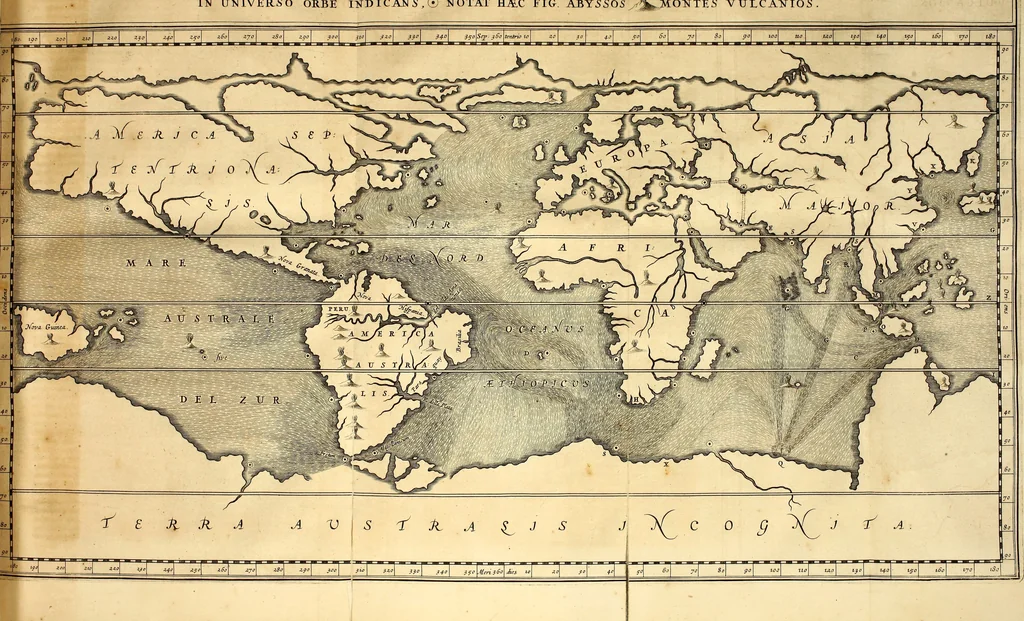 An illustration from Mundus Subterraneus, in XII libros digestus; quo divinum subterrestris mundi opificium, mira ergasteriorum naturæ in eo distributio, verbo pantámorphou Protei regnum, universæ denique naturæ majestas, 1665, leaf 174