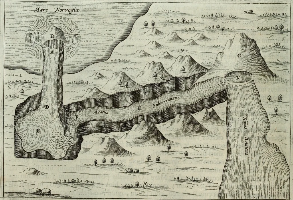 An illustration from Mundus Subterraneus, in XII libros digestus; quo divinum subterrestris mundi opificium, mira ergasteriorum naturæ in eo distributio, verbo pantámorphou Protei regnum, universæ denique naturæ majestas, 1665, leaf 203