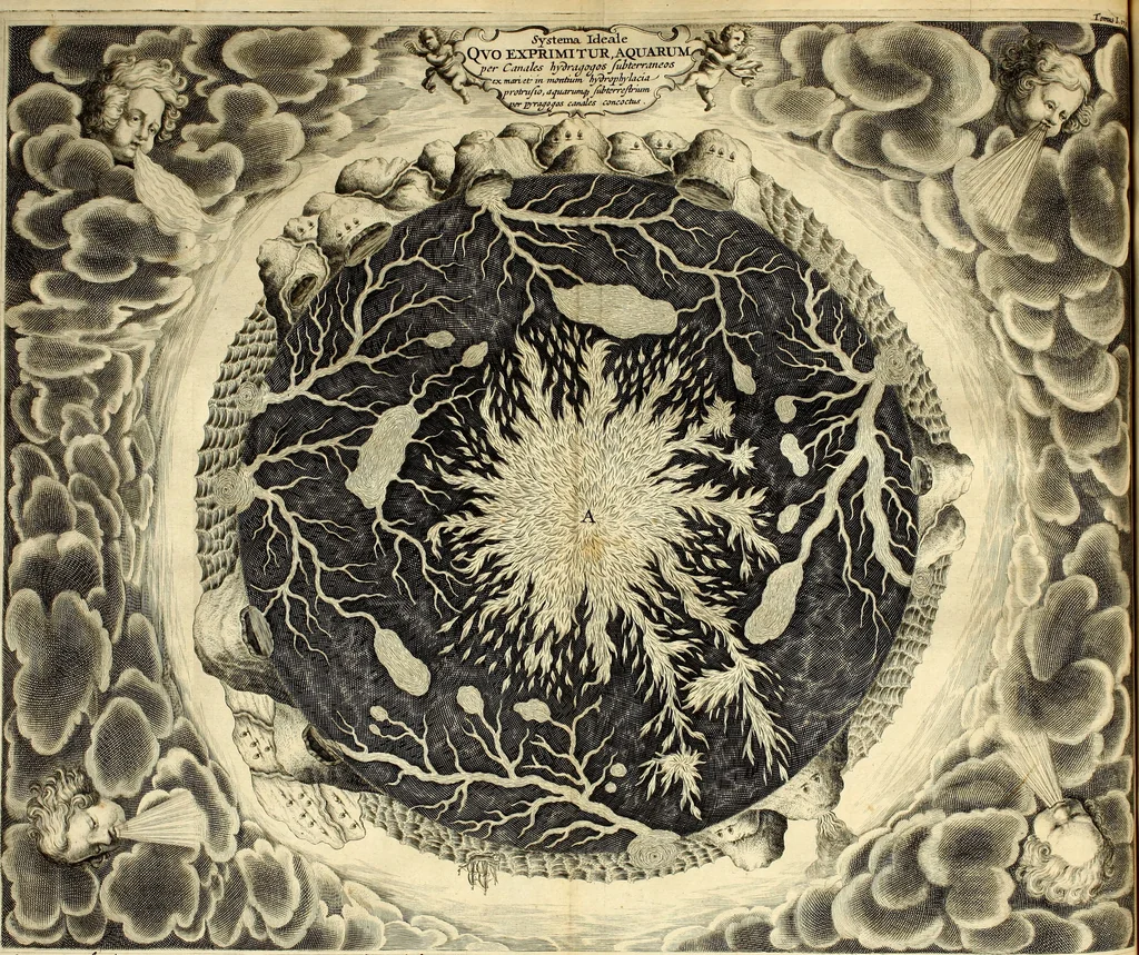 An illustration from Mundus Subterraneus, in XII libros digestus; quo divinum subterrestris mundi opificium, mira ergasteriorum naturæ in eo distributio, verbo pantámorphou Protei regnum, universæ denique naturæ majestas, 1665, leaf 239