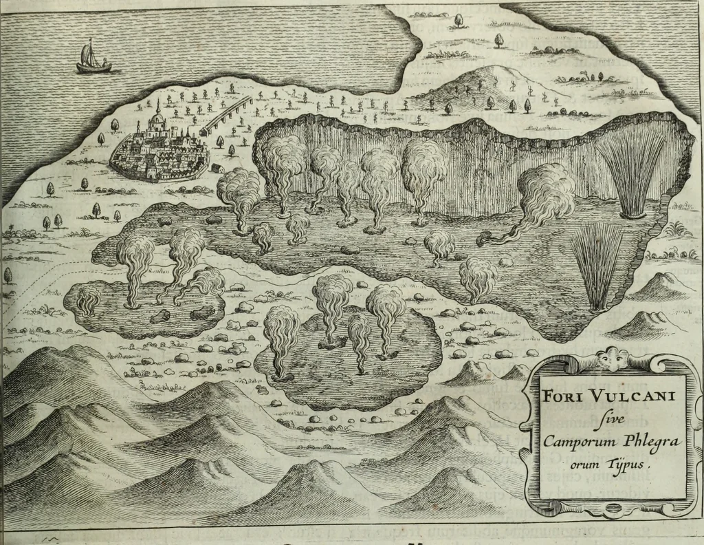 An illustration from Mundus Subterraneus, in XII libros digestus; quo divinum subterrestris mundi opificium, mira ergasteriorum naturæ in eo distributio, verbo pantámorphou Protei regnum, universæ denique naturæ majestas, 1665, leaf 244