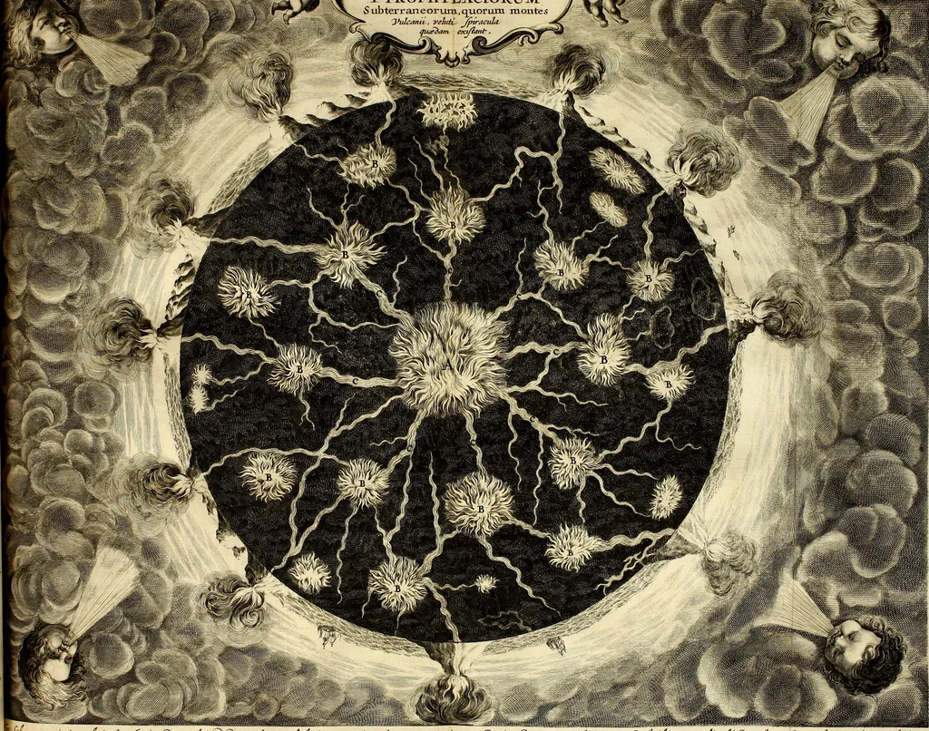 An illustration from Mundus Subterraneus, in XII libros digestus; quo divinum subterrestris mundi opificium, mira ergasteriorum naturæ in eo distributio, verbo pantámorphou Protei regnum, universæ denique naturæ majestas, 1665, leaf 246