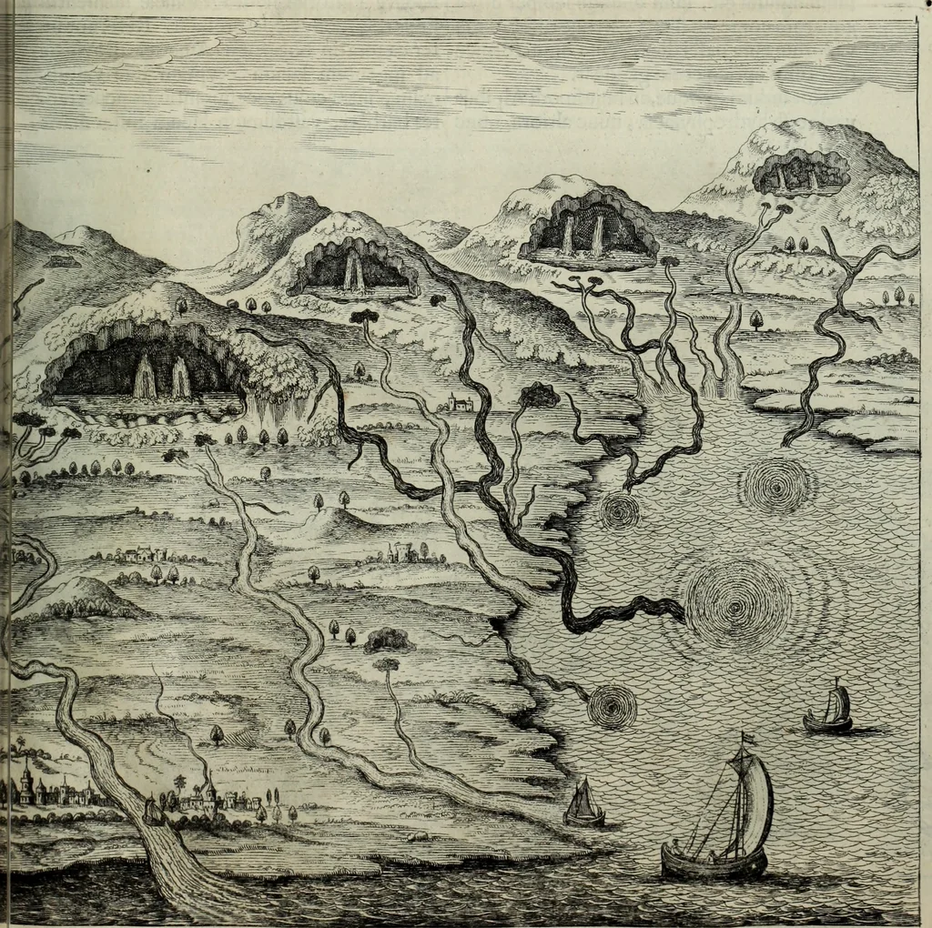 An illustration from Mundus Subterraneus, in XII libros digestus; quo divinum subterrestris mundi opificium, mira ergasteriorum naturæ in eo distributio, verbo pantámorphou Protei regnum, universæ denique naturæ majestas, 1665, leaf 302