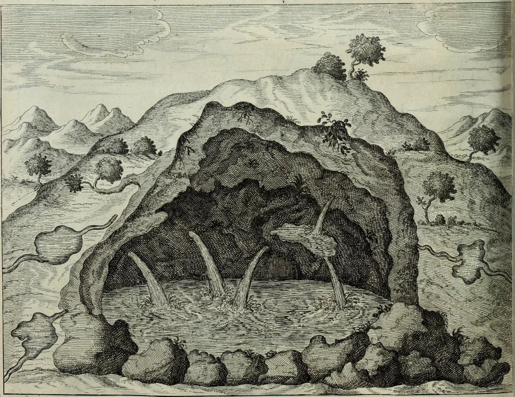 An illustration from Mundus Subterraneus, in XII libros digestus; quo divinum subterrestris mundi opificium, mira ergasteriorum naturæ in eo distributio, verbo pantámorphou Protei regnum, universæ denique naturæ majestas, 1665, leaf 303