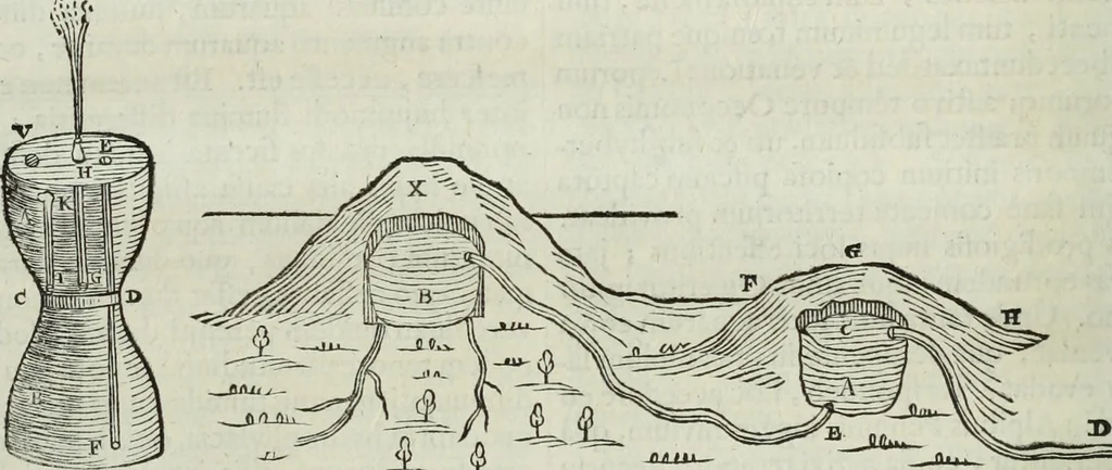 An illustration from Mundus Subterraneus, in XII libros digestus; quo divinum subterrestris mundi opificium, mira ergasteriorum naturæ in eo distributio, verbo pantámorphou Protei regnum, universæ denique naturæ majestas, 1665, leaf 307