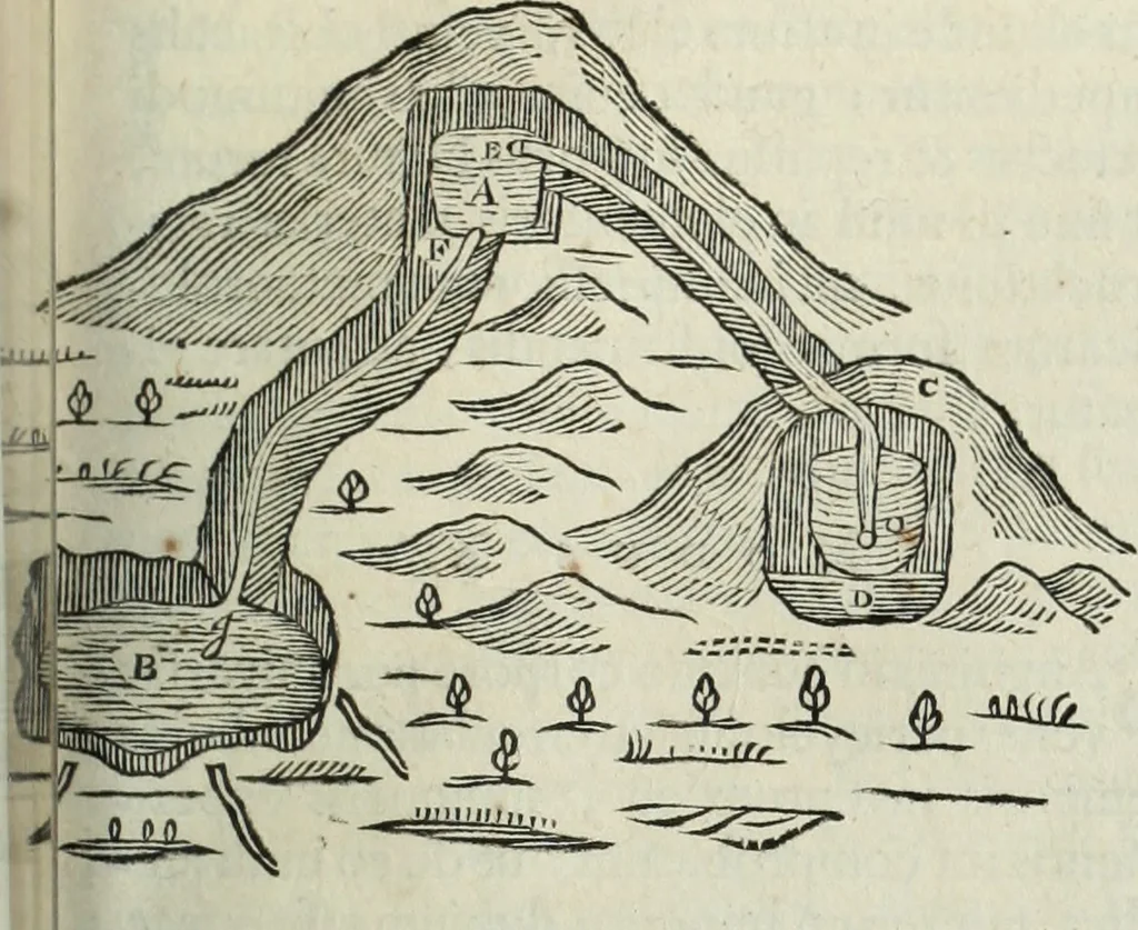 An illustration from Mundus Subterraneus, in XII libros digestus; quo divinum subterrestris mundi opificium, mira ergasteriorum naturæ in eo distributio, verbo pantámorphou Protei regnum, universæ denique naturæ majestas, 1665, leaf 308