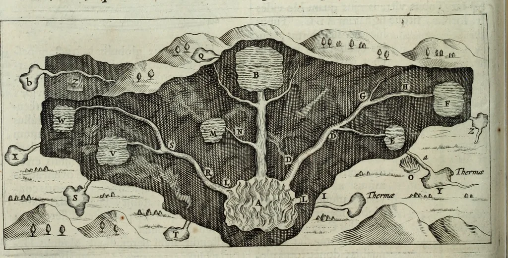 An illustration from Mundus Subterraneus, in XII libros digestus; quo divinum subterrestris mundi opificium, mira ergasteriorum naturæ in eo distributio, verbo pantámorphou Protei regnum, universæ denique naturæ majestas, 1665, leaf 325