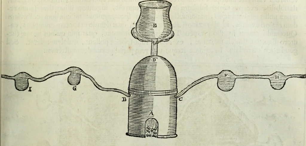 An illustration from Mundus Subterraneus, in XII libros digestus; quo divinum subterrestris mundi opificium, mira ergasteriorum naturæ in eo distributio, verbo pantámorphou Protei regnum, universæ denique naturæ majestas, 1665, leaf 326