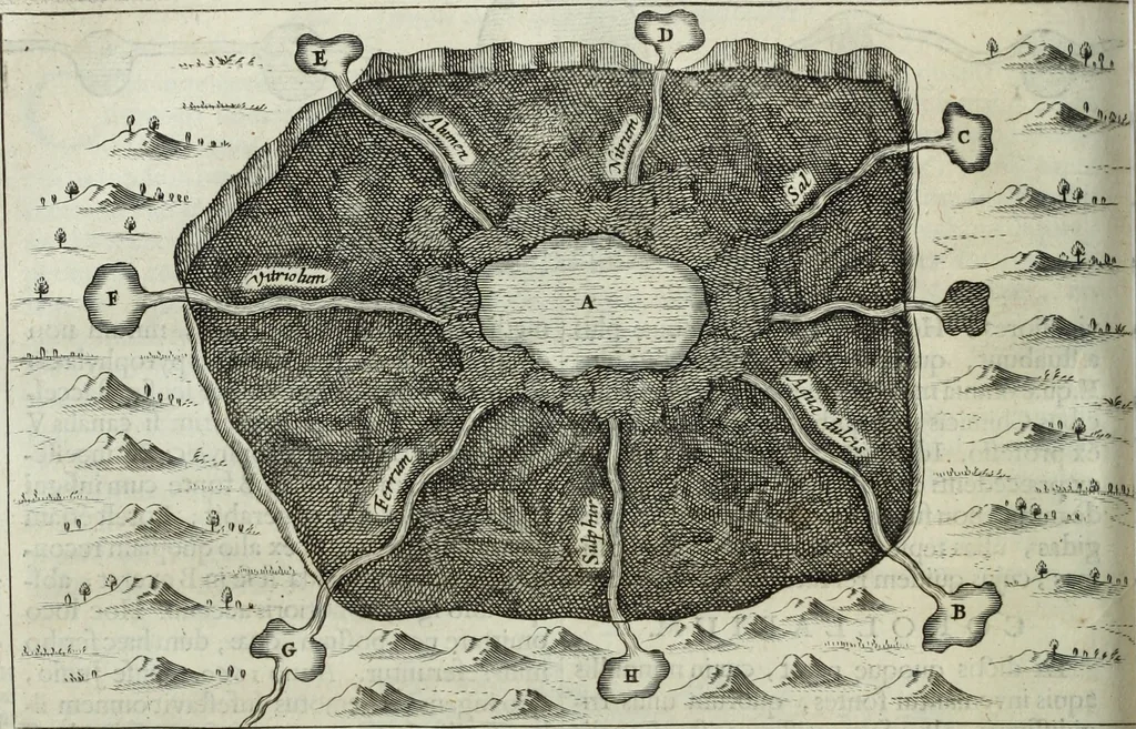 An illustration from Mundus Subterraneus, in XII libros digestus; quo divinum subterrestris mundi opificium, mira ergasteriorum naturæ in eo distributio, verbo pantámorphou Protei regnum, universæ denique naturæ majestas, 1665, leaf 327