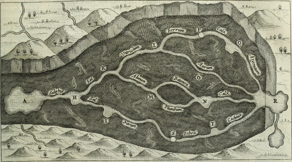 An illustration from Mundus Subterraneus, in XII libros digestus; quo divinum subterrestris mundi opificium, mira ergasteriorum naturæ in eo distributio, verbo pantámorphou Protei regnum, universæ denique naturæ majestas, 1665, leaf 328