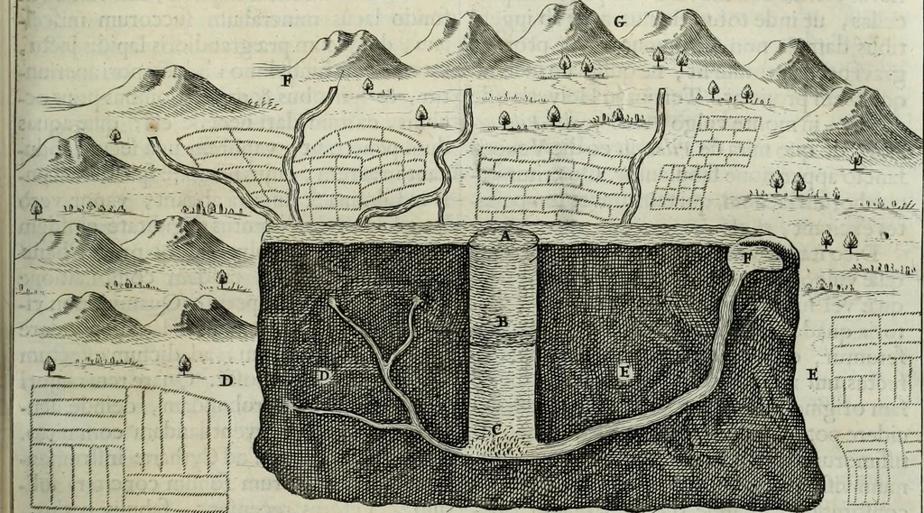 An illustration from Mundus Subterraneus, in XII libros digestus; quo divinum subterrestris mundi opificium, mira ergasteriorum naturæ in eo distributio, verbo pantámorphou Protei regnum, universæ denique naturæ majestas, 1665, leaf 358