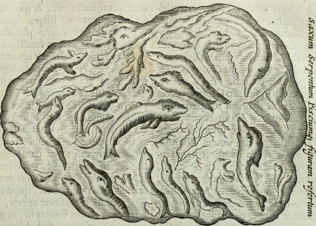 An illustration from Mundus Subterraneus, in XII libros digestus; quo divinum subterrestris mundi opificium, mira ergasteriorum naturæ in eo distributio, verbo pantámorphou Protei regnum, universæ denique naturæ majestas, 1665, leaf 474