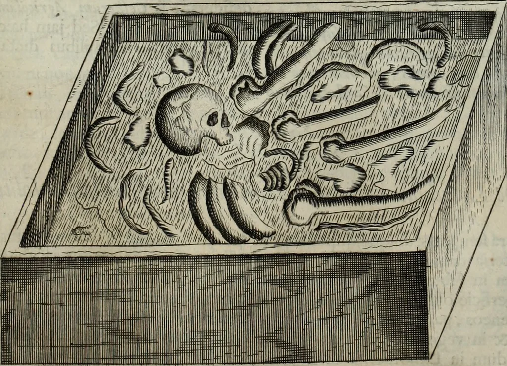 An illustration from Mundus Subterraneus, in XII libros digestus; quo divinum subterrestris mundi opificium, mira ergasteriorum naturæ in eo distributio, verbo pantámorphou Protei regnum, universæ denique naturæ majestas, 1665, leaf 484