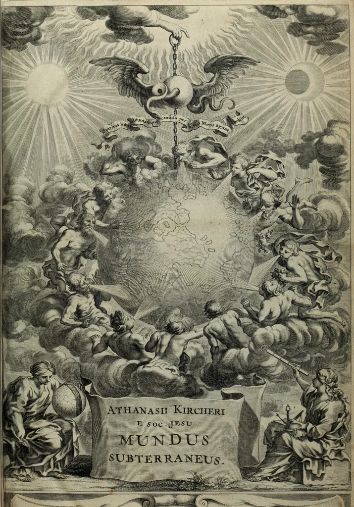 An illustration from Mundus Subterraneus, in XII libros digestus; quo divinum subterrestris mundi opificium, mira ergasteriorum naturæ in eo distributio, verbo pantámorphou Protei regnum, universæ denique naturæ majestas, 1665, leaf 6