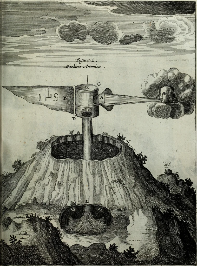 An illustration from Mundus Subterraneus, in XII libros digestus; quo divinum subterrestris mundi opificium, mira ergasteriorum naturæ in eo distributio, verbo pantámorphou Protei regnum, universæ denique naturæ majestas, 1665, leaf 628