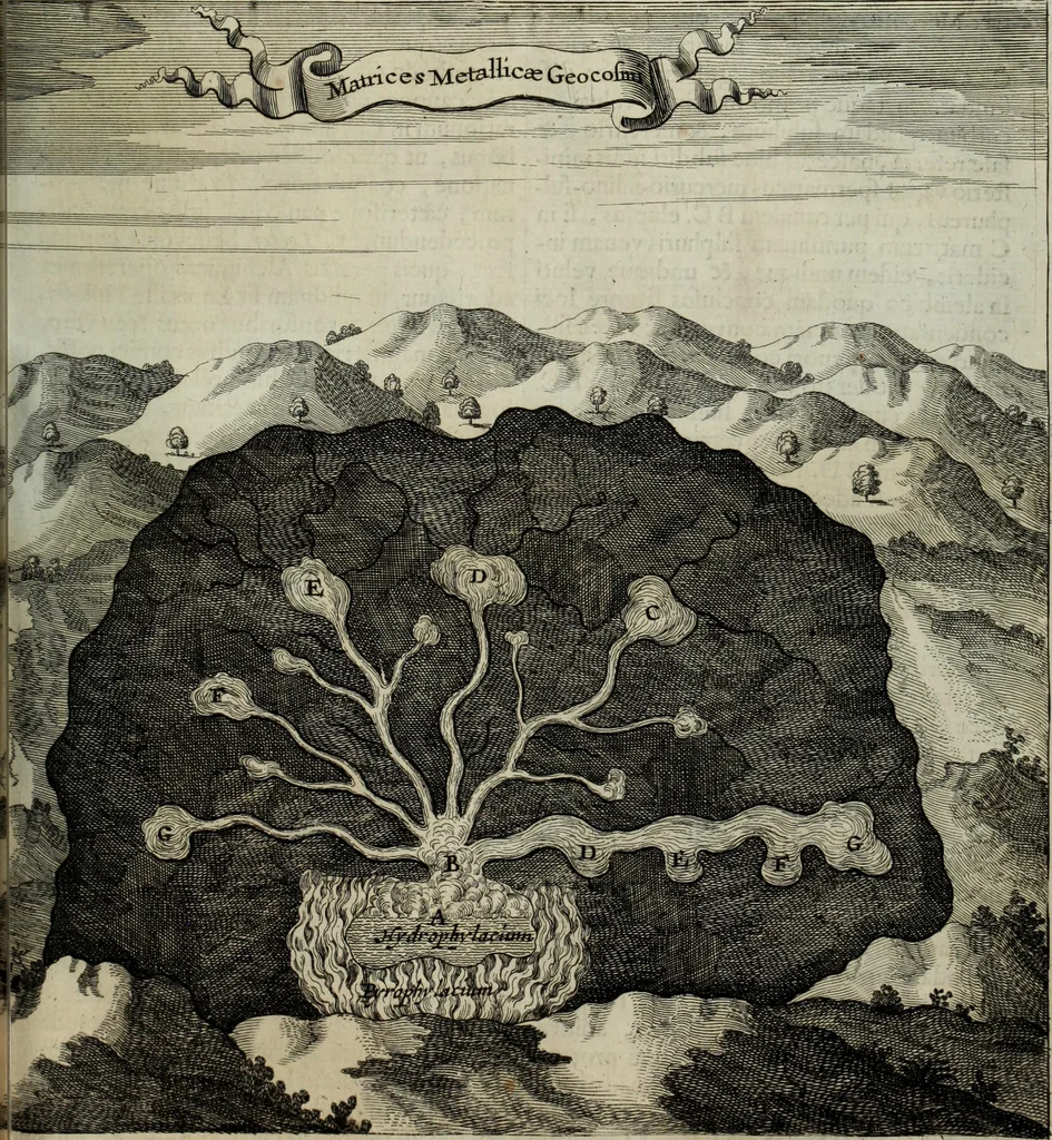 An illustration from Mundus Subterraneus, in XII libros digestus; quo divinum subterrestris mundi opificium, mira ergasteriorum naturæ in eo distributio, verbo pantámorphou Protei regnum, universæ denique naturæ majestas, 1665, leaf 676