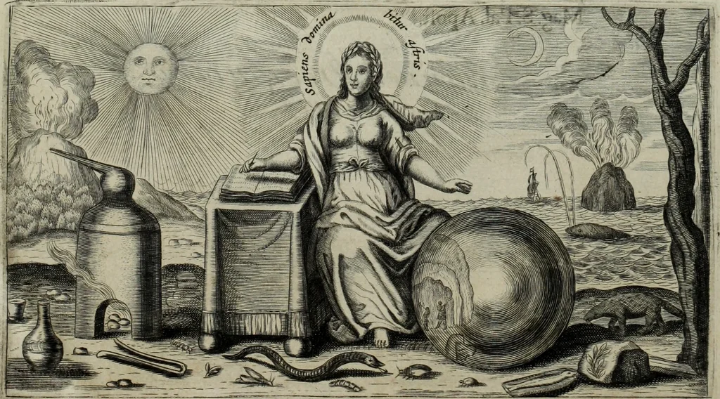 An illustration from Mundus Subterraneus, in XII libros digestus; quo divinum subterrestris mundi opificium, mira ergasteriorum naturæ in eo distributio, verbo pantámorphou Protei regnum, universæ denique naturæ majestas, 1665, leaf 8