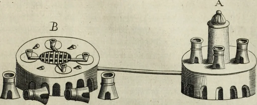 An illustration from Mundus Subterraneus, in XII libros digestus; quo divinum subterrestris mundi opificium, mira ergasteriorum naturæ in eo distributio, verbo pantámorphou Protei regnum, universæ denique naturæ majestas, 1665, leaf 846
