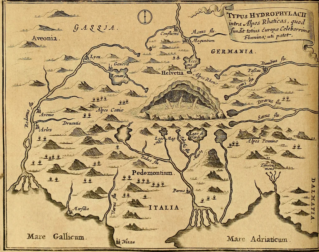An illustration from Mundus subterraneus, in XII libros digestus : qvo divinum subterrestris mundi opificium, mira ergasteriorum naturae in eo distributio, verbo [pantamorphon] Protei regnum, universae denique naturae majestas & divitiae summa rerum varietate exponuntur, abditorum effectuum causae acri indagine inquistae demonstrantur, cognitae per artis & naturae conjugium ad humanae vitae necessarium usum vario experimentorum apparata, necnon novo modo & ratione applicantur. Ad Alexandrum VII. pont. opt. max., 1678, leaf 101