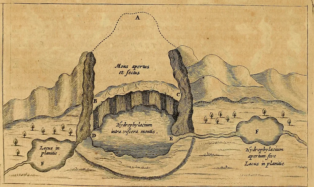 An illustration from Mundus subterraneus, in XII libros digestus : qvo divinum subterrestris mundi opificium, mira ergasteriorum naturae in eo distributio, verbo [pantamorphon] Protei regnum, universae denique naturae majestas & divitiae summa rerum varietate exponuntur, abditorum effectuum causae acri indagine inquistae demonstrantur, cognitae per artis & naturae conjugium ad humanae vitae necessarium usum vario experimentorum apparata, necnon novo modo & ratione applicantur. Ad Alexandrum VII. pont. opt. max., 1678, leaf 129