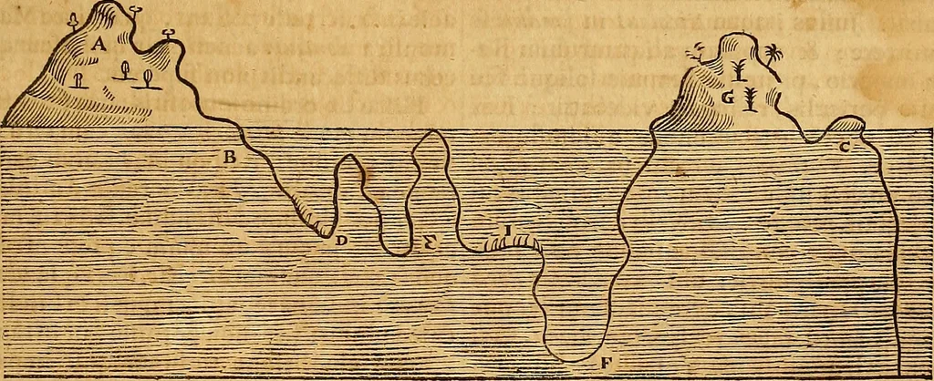 An illustration from Mundus subterraneus, in XII libros digestus : qvo divinum subterrestris mundi opificium, mira ergasteriorum naturae in eo distributio, verbo [pantamorphon] Protei regnum, universae denique naturae majestas & divitiae summa rerum varietate exponuntur, abditorum effectuum causae acri indagine inquistae demonstrantur, cognitae per artis & naturae conjugium ad humanae vitae necessarium usum vario experimentorum apparata, necnon novo modo & ratione applicantur. Ad Alexandrum VII. pont. opt. max., 1678, leaf 138
