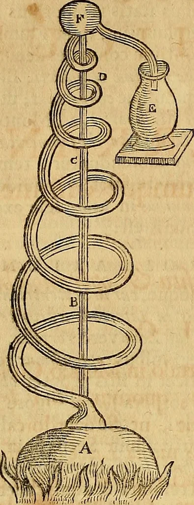 An illustration from Mundus subterraneus, in XII libros digestus : qvo divinum subterrestris mundi opificium, mira ergasteriorum naturae in eo distributio, verbo [pantamorphon] Protei regnum, universae denique naturae majestas & divitiae summa rerum varietate exponuntur, abditorum effectuum causae acri indagine inquistae demonstrantur, cognitae per artis & naturae conjugium ad humanae vitae necessarium usum vario experimentorum apparata, necnon novo modo & ratione applicantur. Ad Alexandrum VII. pont. opt. max., 1678, leaf 235