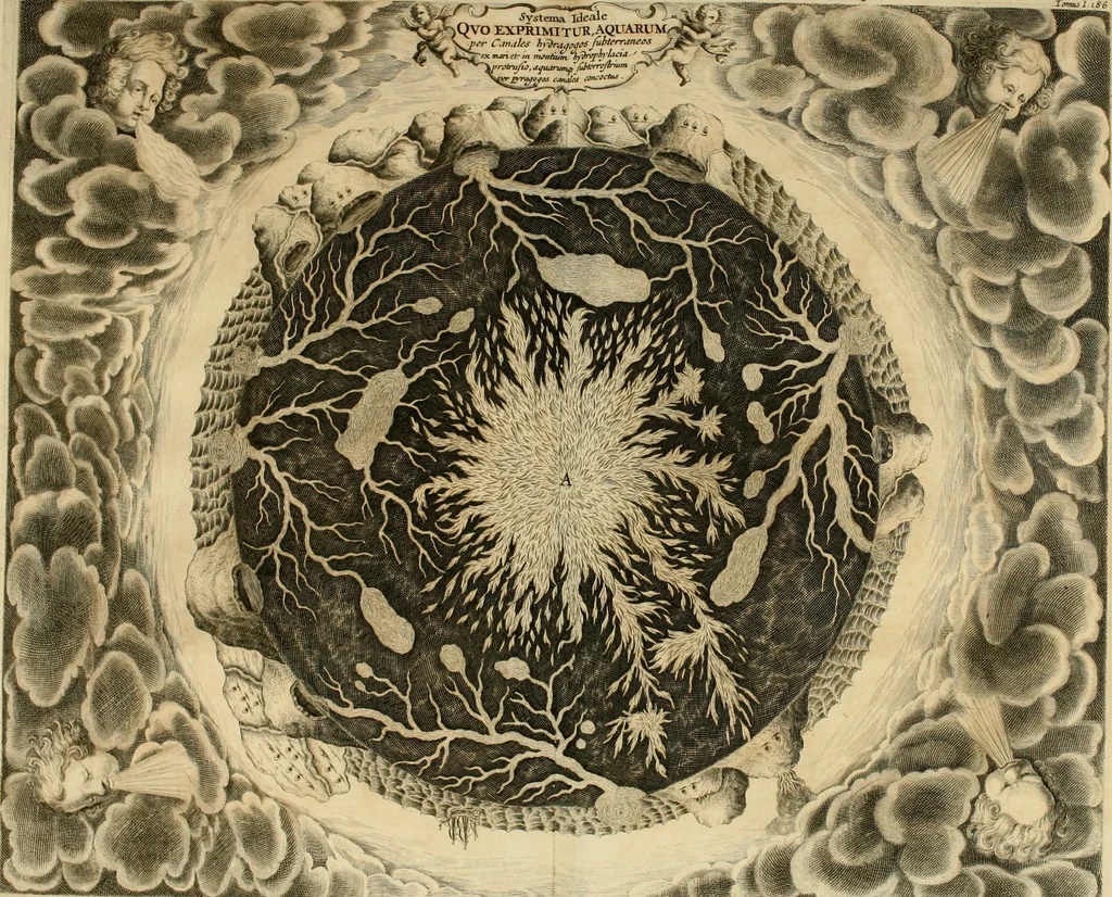 An illustration from Mundus subterraneus, in XII libros digestus : qvo divinum subterrestris mundi opificium, mira ergasteriorum naturae in eo distributio, verbo [pantamorphon] Protei regnum, universae denique naturae majestas & divitiae summa rerum varietate exponuntur, abditorum effectuum causae acri indagine inquistae demonstrantur, cognitae per artis & naturae conjugium ad humanae vitae necessarium usum vario experimentorum apparata, necnon novo modo & ratione applicantur. Ad Alexandrum VII. pont. opt. max., 1678, leaf 246