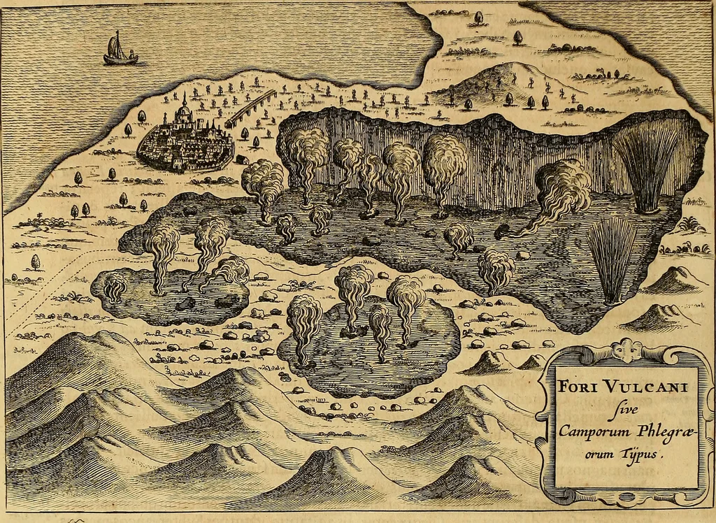 An illustration from Mundus subterraneus, in XII libros digestus : qvo divinum subterrestris mundi opificium, mira ergasteriorum naturae in eo distributio, verbo [pantamorphon] Protei regnum, universae denique naturae majestas & divitiae summa rerum varietate exponuntur, abditorum effectuum causae acri indagine inquistae demonstrantur, cognitae per artis & naturae conjugium ad humanae vitae necessarium usum vario experimentorum apparata, necnon novo modo & ratione applicantur. Ad Alexandrum VII. pont. opt. max., 1678, leaf 251