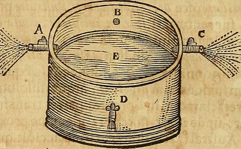 An illustration from Mundus subterraneus, in XII libros digestus : qvo divinum subterrestris mundi opificium, mira ergasteriorum naturae in eo distributio, verbo [pantamorphon] Protei regnum, universae denique naturae majestas & divitiae summa rerum varietate exponuntur, abditorum effectuum causae acri indagine inquistae demonstrantur, cognitae per artis & naturae conjugium ad humanae vitae necessarium usum vario experimentorum apparata, necnon novo modo & ratione applicantur. Ad Alexandrum VII. pont. opt. max., 1678, leaf 281