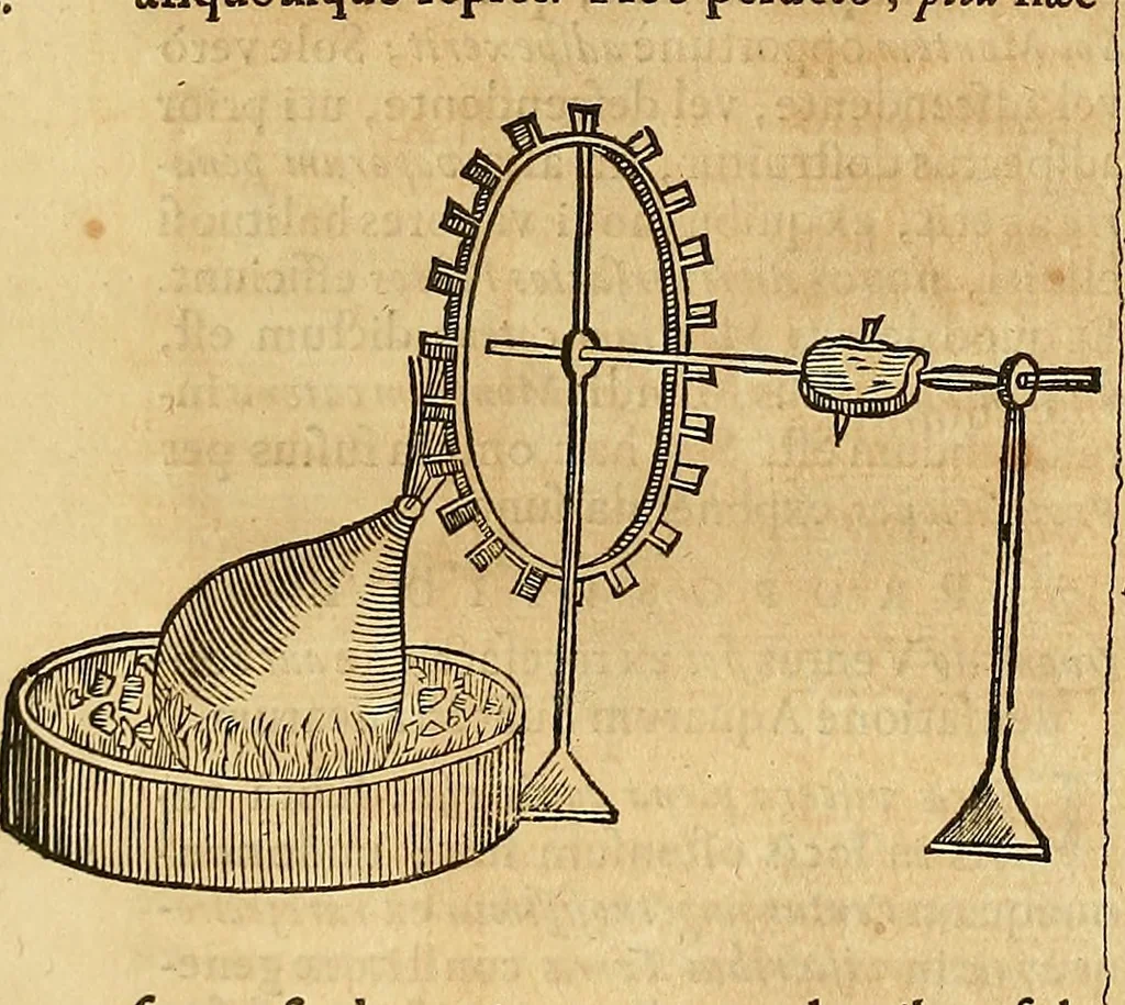 An illustration from Mundus subterraneus, in XII libros digestus : qvo divinum subterrestris mundi opificium, mira ergasteriorum naturae in eo distributio, verbo [pantamorphon] Protei regnum, universae denique naturae majestas & divitiae summa rerum varietate exponuntur, abditorum effectuum causae acri indagine inquistae demonstrantur, cognitae per artis & naturae conjugium ad humanae vitae necessarium usum vario experimentorum apparata, necnon novo modo & ratione applicantur. Ad Alexandrum VII. pont. opt. max., 1678, leaf 283