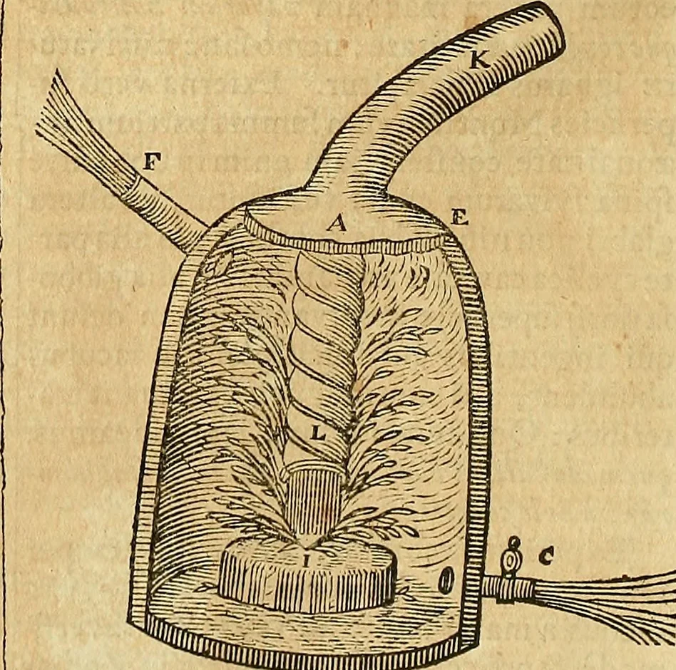 An illustration from Mundus subterraneus, in XII libros digestus : qvo divinum subterrestris mundi opificium, mira ergasteriorum naturae in eo distributio, verbo [pantamorphon] Protei regnum, universae denique naturae majestas & divitiae summa rerum varietate exponuntur, abditorum effectuum causae acri indagine inquistae demonstrantur, cognitae per artis & naturae conjugium ad humanae vitae necessarium usum vario experimentorum apparata, necnon novo modo & ratione applicantur. Ad Alexandrum VII. pont. opt. max., 1678, leaf 283