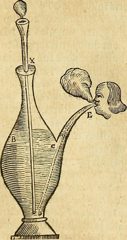 An illustration from Mundus subterraneus, in XII libros digestus : qvo divinum subterrestris mundi opificium, mira ergasteriorum naturae in eo distributio, verbo [pantamorphon] Protei regnum, universae denique naturae majestas & divitiae summa rerum varietate exponuntur, abditorum effectuum causae acri indagine inquistae demonstrantur, cognitae per artis & naturae conjugium ad humanae vitae necessarium usum vario experimentorum apparata, necnon novo modo & ratione applicantur. Ad Alexandrum VII. pont. opt. max., 1678, leaf 287