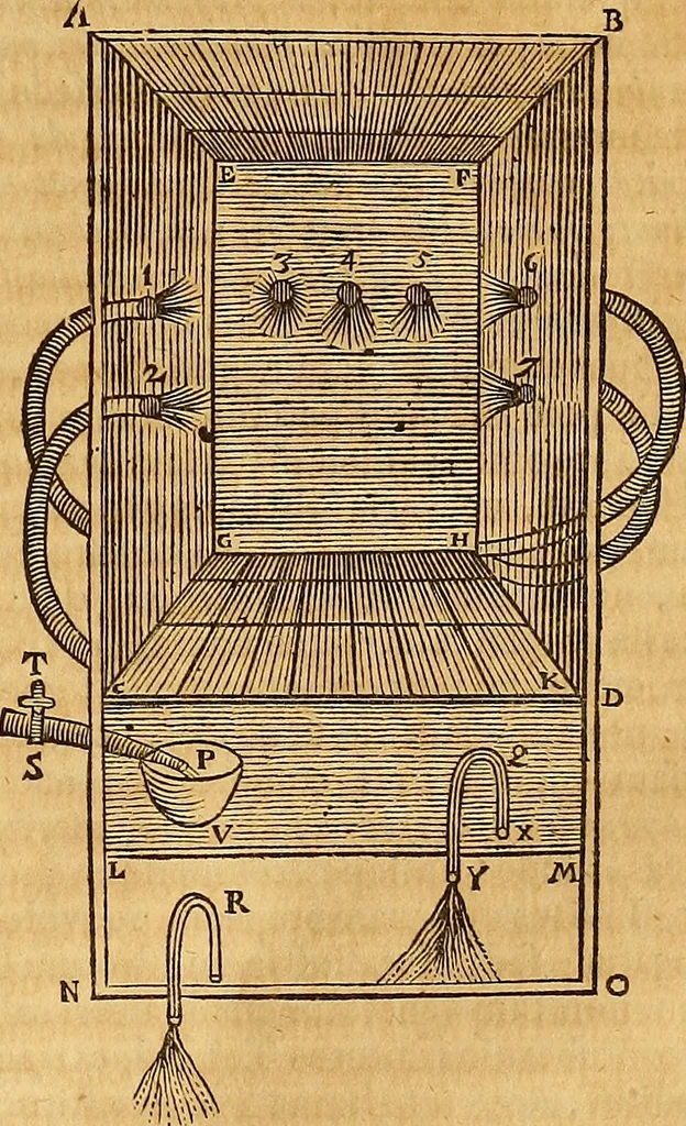 An illustration from Mundus subterraneus, in XII libros digestus : qvo divinum subterrestris mundi opificium, mira ergasteriorum naturae in eo distributio, verbo [pantamorphon] Protei regnum, universae denique naturae majestas & divitiae summa rerum varietate exponuntur, abditorum effectuum causae acri indagine inquistae demonstrantur, cognitae per artis & naturae conjugium ad humanae vitae necessarium usum vario experimentorum apparata, necnon novo modo & ratione applicantur. Ad Alexandrum VII. pont. opt. max., 1678, leaf 298
